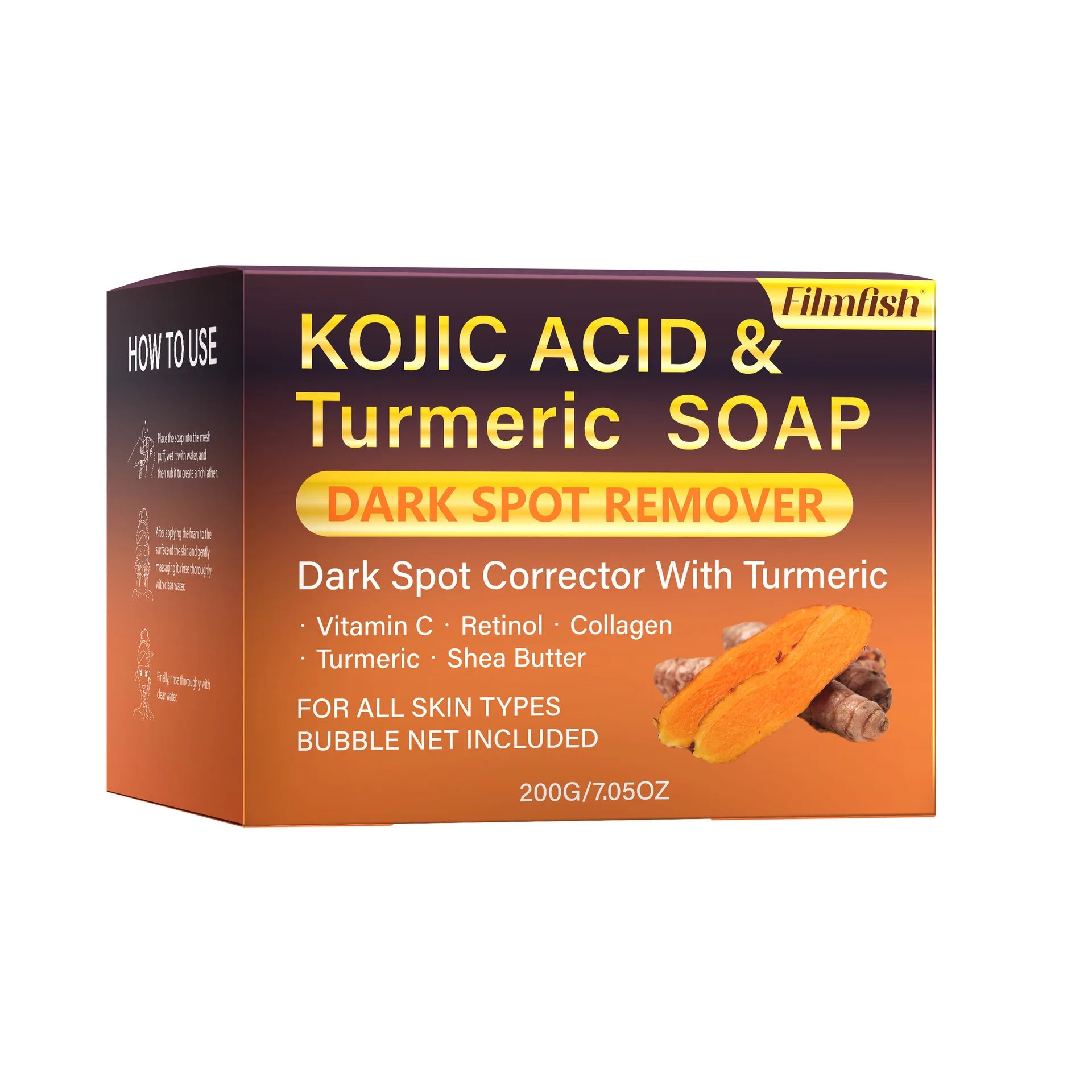 200g Showlu Fashion Store Kojic Acid Turmeric Soap for dark spots, featuring turmeric for skin brightening and spot correction.