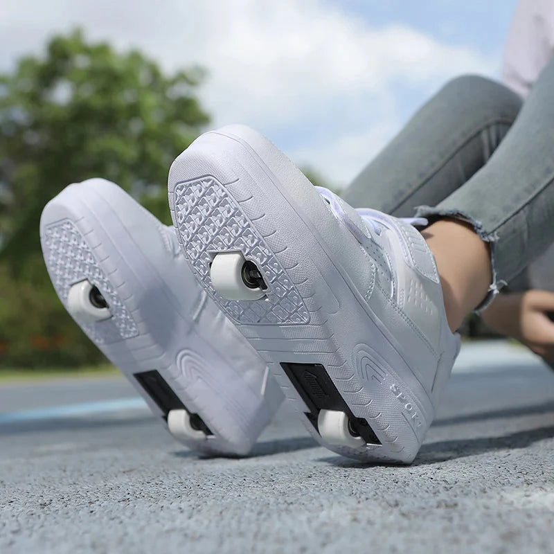 Kids roller skates by Jlmoito featuring two wheels, chunky skateboard-inspired design, white color, and sturdy construction.
