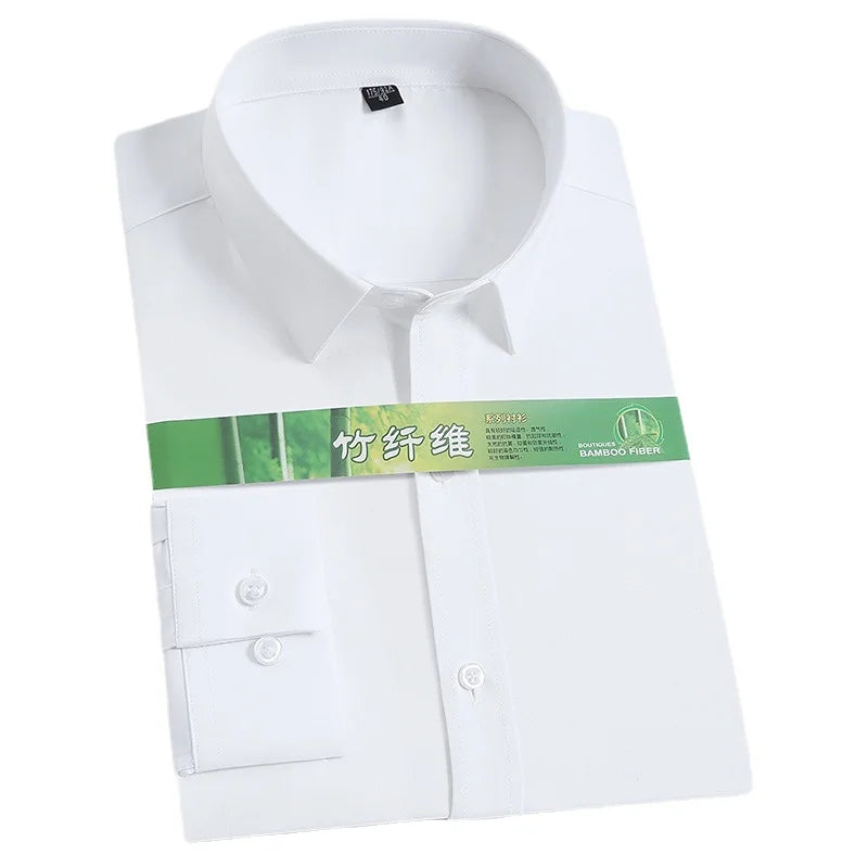 White bamboo fiber men's long sleeve dress shirt by Showlu Fashion, featuring stretch-free, soft, professional, formal design in 8XL size