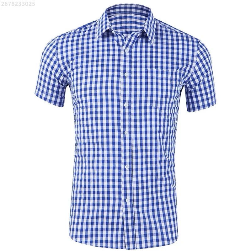 Men's short-sleeved Hawaiian plaid shirt in red and blue, breathable casual street wear, available in XS to 6XL sizes.