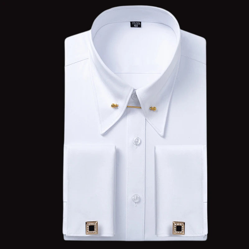 White and black premium men's pin collar dress shirts with French cuffs, stylish business formal shirts by Showlu Fashion Store.