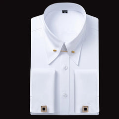 Premium Mens Pin Collar Dress Shirts Stylish French Cuff Button Male Business Formal Shirt For Party Wedding White Black