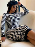 Houndstooth print women's long sleeve midi dress by Showlu Fashion with hollow-out design, slim fit, suitable for autumn winter streetwear.