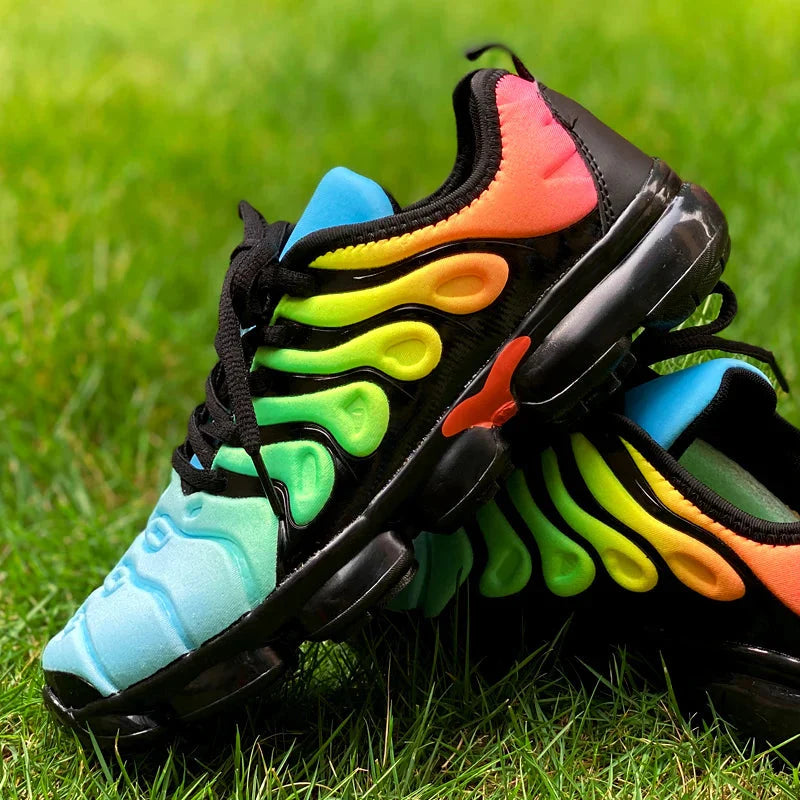 Unisex Captain Running Mesh Rainbow Sneakers with transparent soles, breathable fabric, and colorful rainbow design for sporty style.