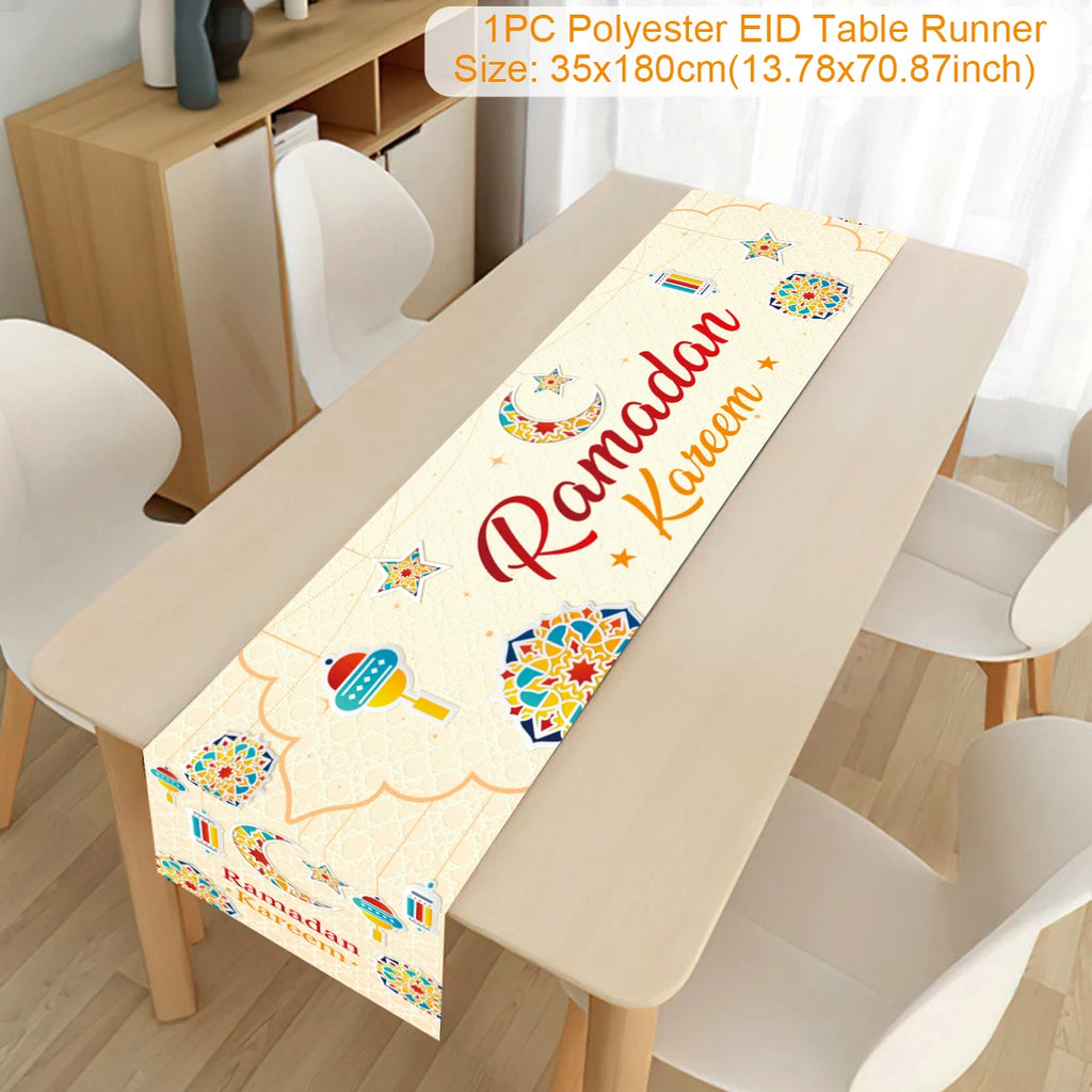 Ramadan decoration table runner with Eid Mubarak design, ideal for Islamic home decor and Eid al-Fitr celebrations.