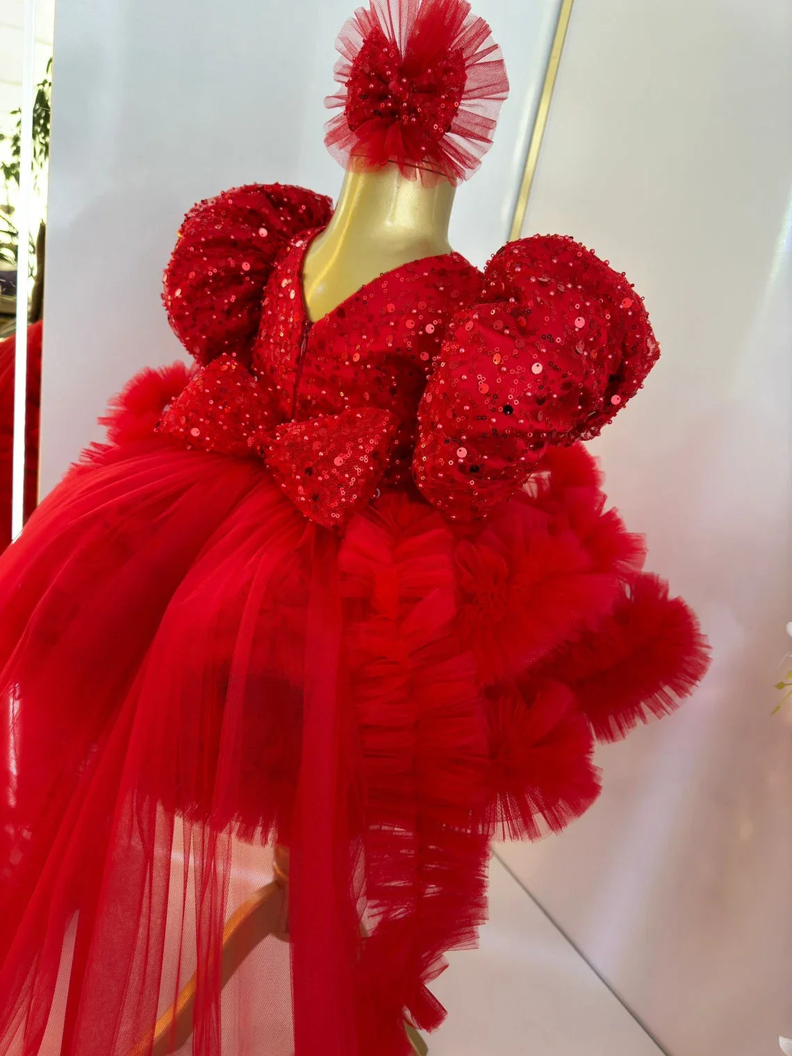Customized Red Fluffy Baby Girl Birthday Princess Flower Girl Dresses for Weddings Party Pageant Tulle Prom Gown with Train