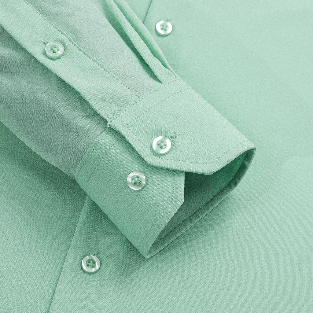 Blue silk men's long sleeve dress shirt with lapel, suitable for business, weddings, or formal occasions.
