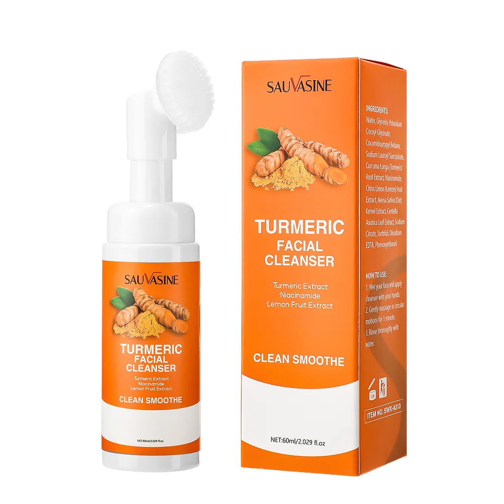 Turmeric Cleanser facial foam with brush, lemon fruit extract for brightening and moisturizing skin, daily skin care by Showlu Fashion Store