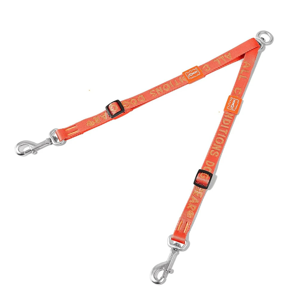Double dog leash by Howgo, adjustable nylon dual lead coupler for tangle-free walking with two dogs.