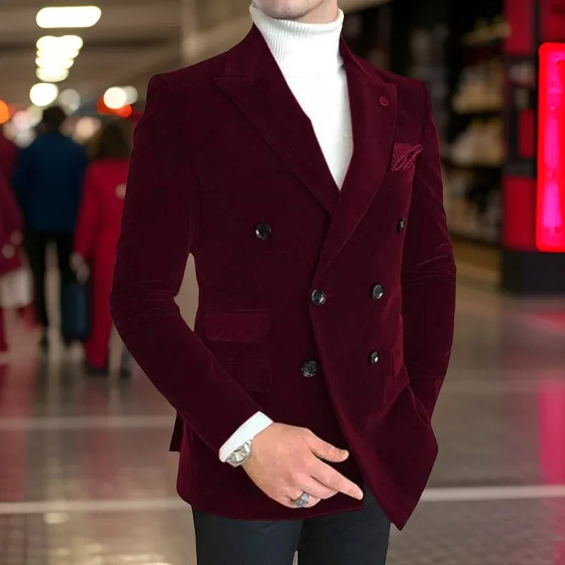 Italian style men's slim fit velvet blazer with peak lapel, double-breasted design, suitable for wedding or formal occasions.