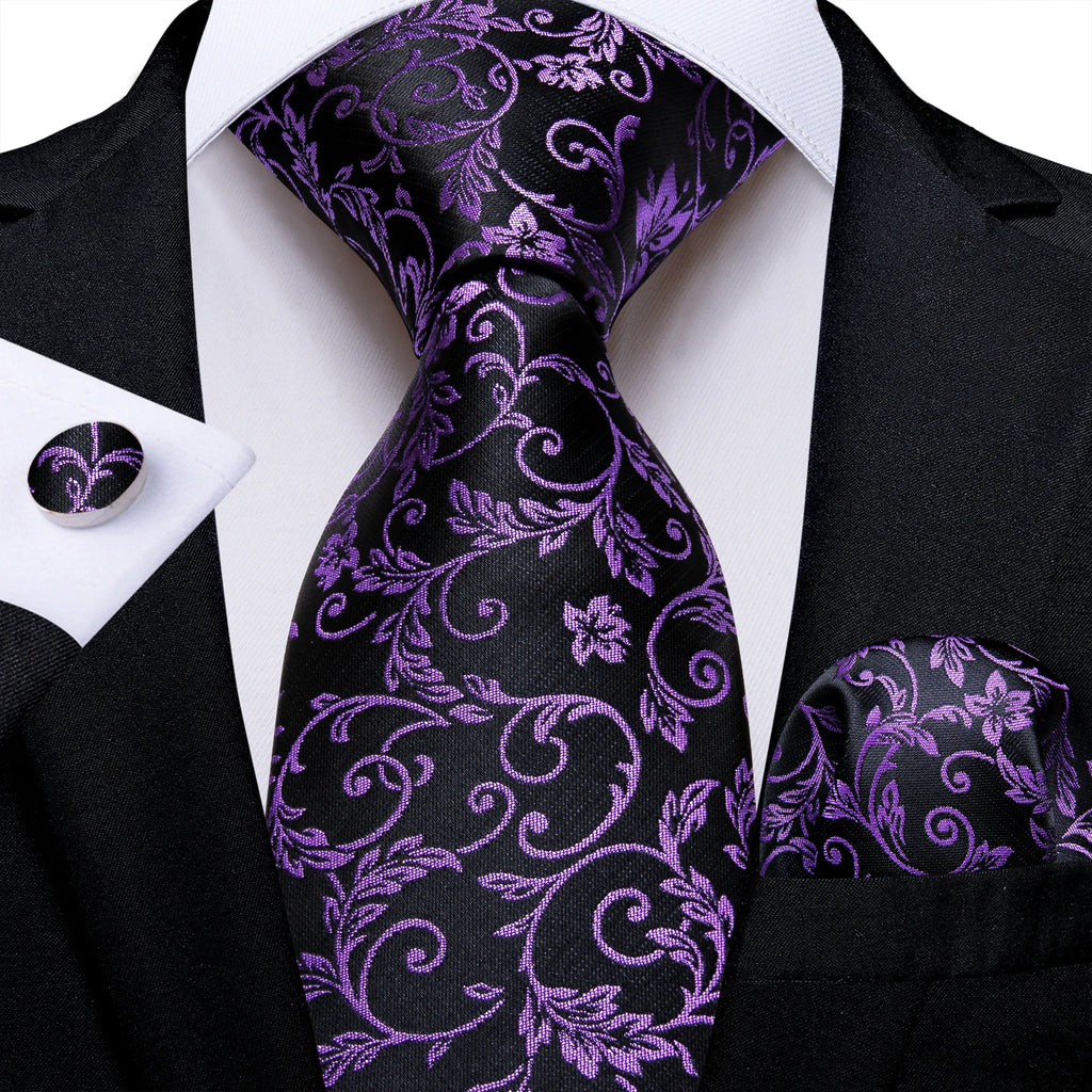 DiBanGu Ties For Men Purple Floral Paisley Necktie Business Formal 100% Silk Tie Pocket Square Set For Wedding Party Cravat