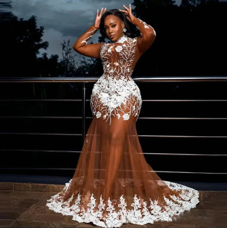 Elegant WDPL Mermaid evening gown by SHOWLU FASHION with beaded tulle, full sleeves, perfect for prom or formal events.