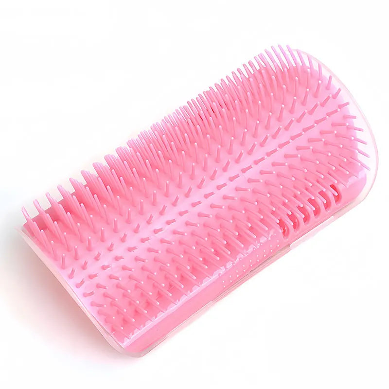 Cat self-groomer brush wall corner for short and long fur cats, with soft bristles for gentle massage and grooming.
