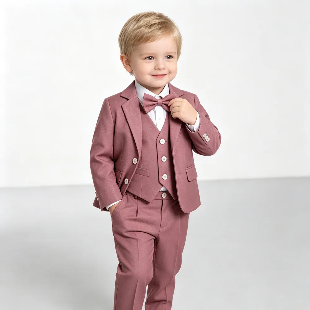 Toddler Boys Dusty Pink Suit 4Pcs Blazer Vest Pants Bowtie, Kids Formal Outfit for Wedding Birthday Party Flower Boy Tuxedo