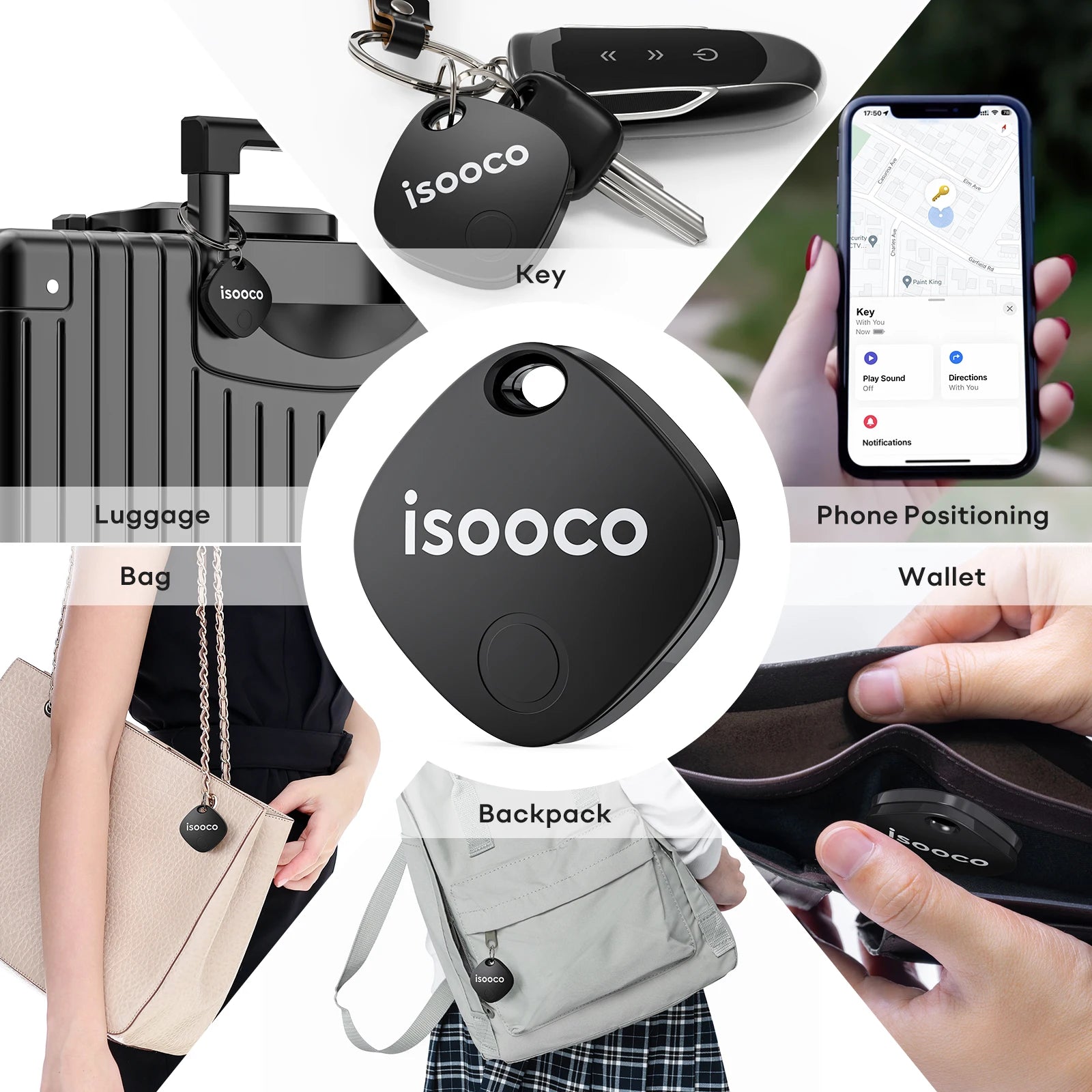 Isooco Smart Key Finder, IP67 waterproof Bluetooth tracker for iOS, showing compact device with keyring attachment.