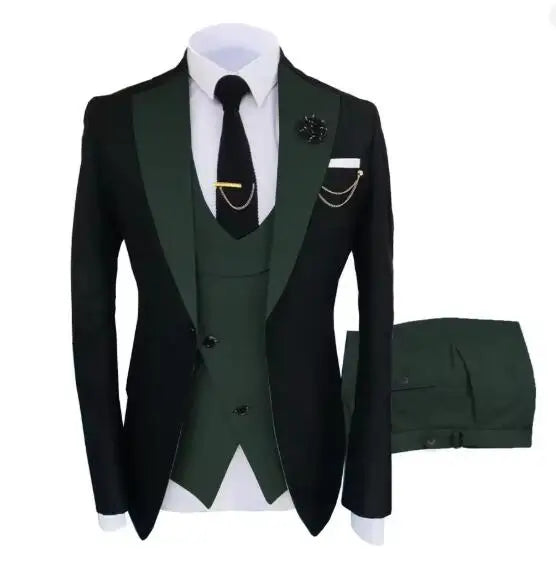 Men's luxury tuxedo 3-piece suit with jacket, trousers, and vest, ideal for parties, groomsmen, and formal events.