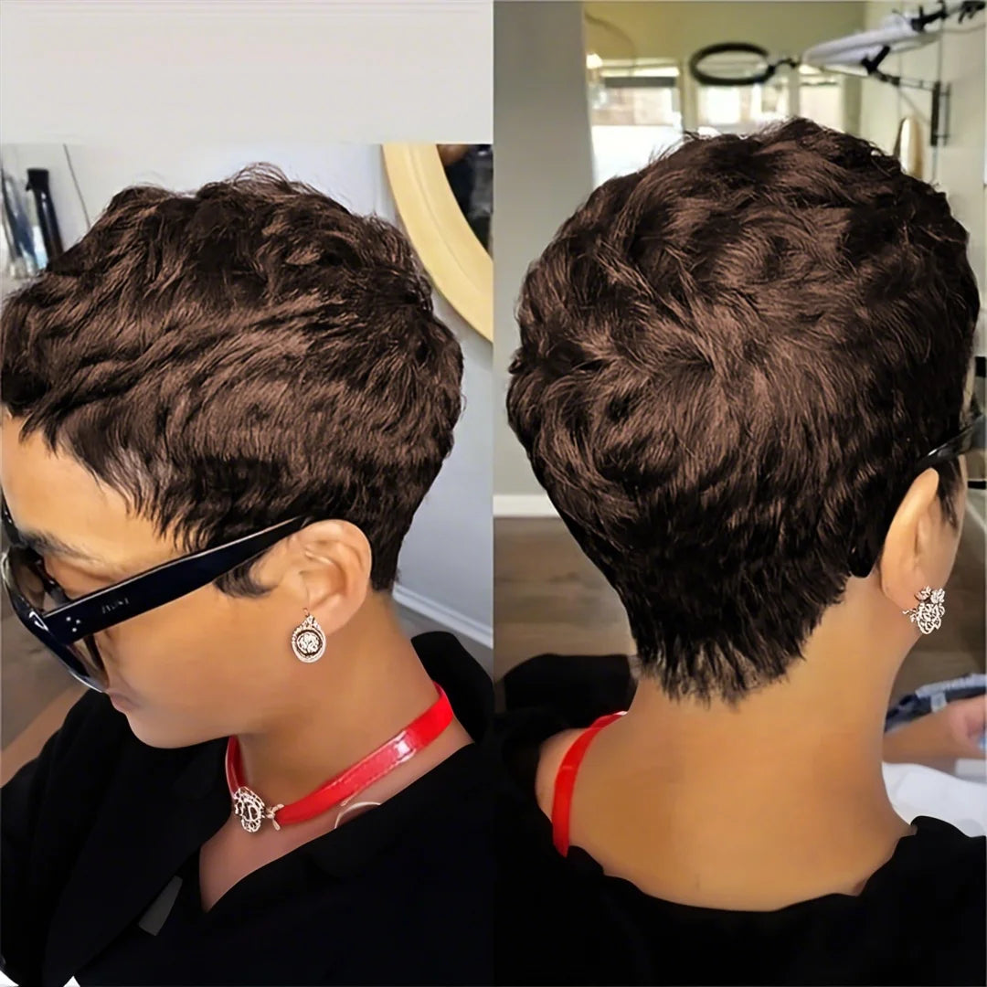 Showlu Fashion 6-inch short pixie cut straight wig made from 100% human hair with pre-styled bangs and natural hairline.