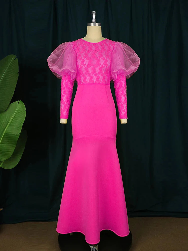 AOMEI Women's lace mermaid evening gown with long sleeves, elegant wedding dress in white with intricate lace details.