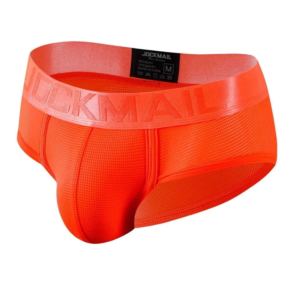 Men's nylon mesh briefs by JOCKMAIL, quick-dry solid color underwear with breathable mesh fabric for comfort.