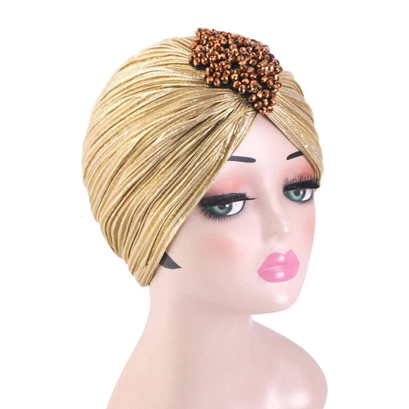 Diamond pleated turban hijab cap by Showlu Fashion, stylish chemo wrap with elegant design, perfect for women.