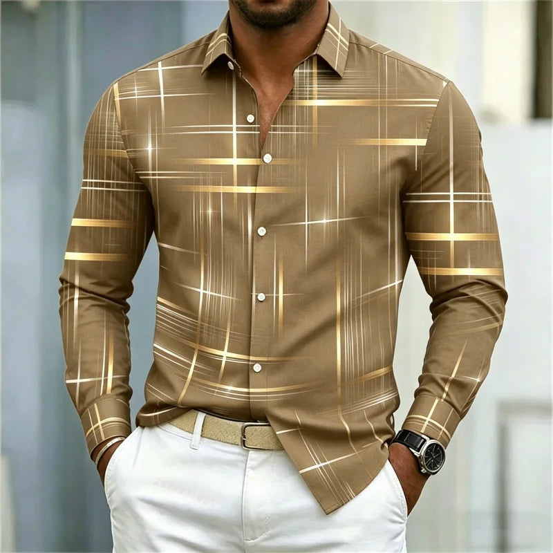 2026 men's shirt with fashionable printed lines, checkered long sleeved shirt, lapel, slim fit, business casual men's shirt