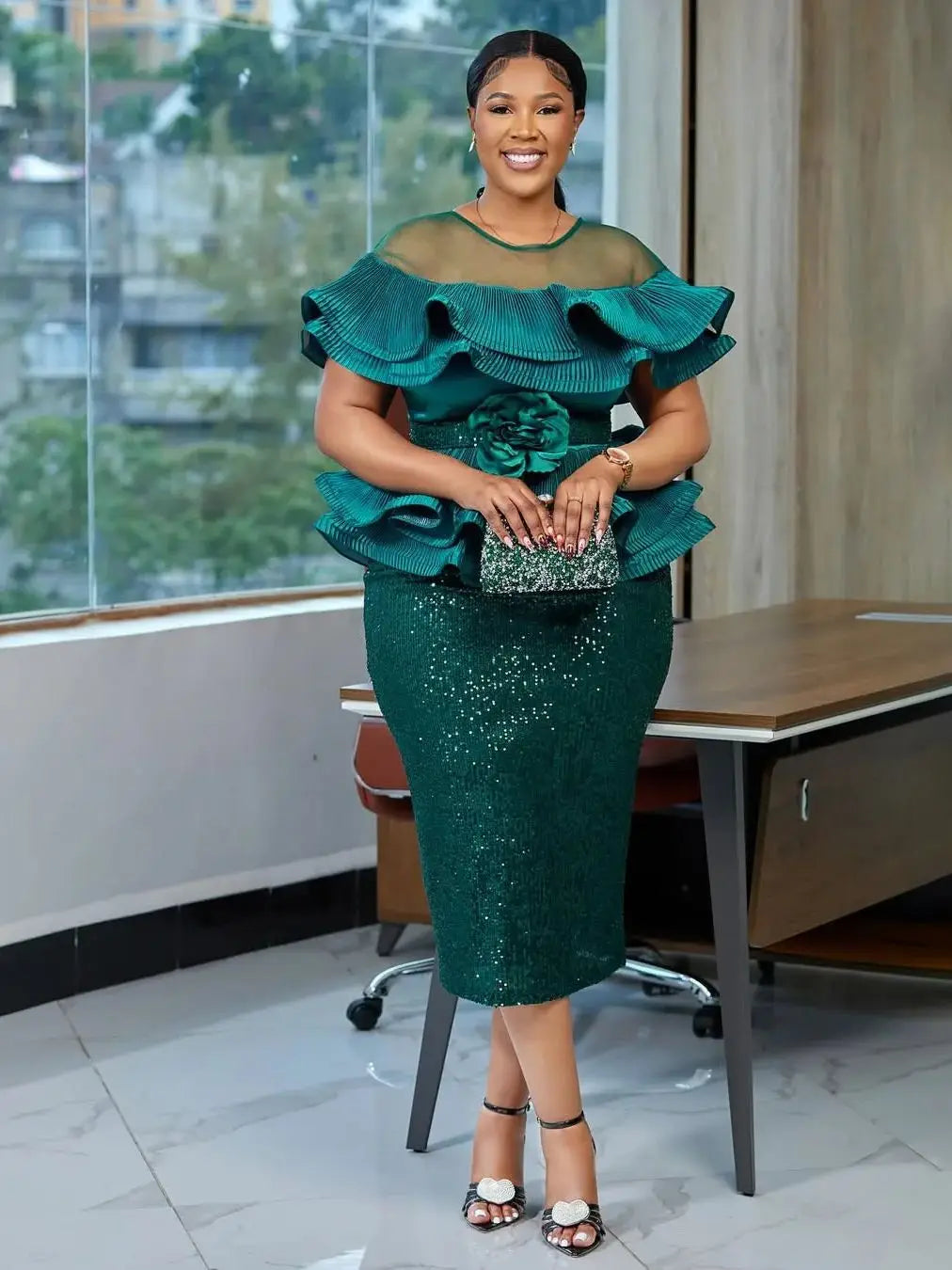 African sequin evening gown with ruffle details, long wedding party dress for women, featuring intricate sequin embellishments and elegant design.