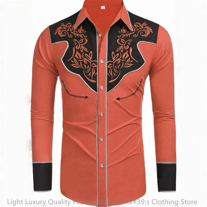 Long-sleeved men's denim shirt by Showlu Fashion, featuring retro western style, loose fit, soft fabric, and vibrant 20-color options.