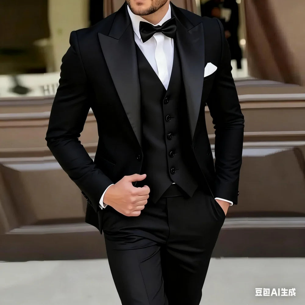 Men's green and black formal Terno suit set of 3 pieces by Showlu Smart General, includes blazer for wedding and groomsmen attire.