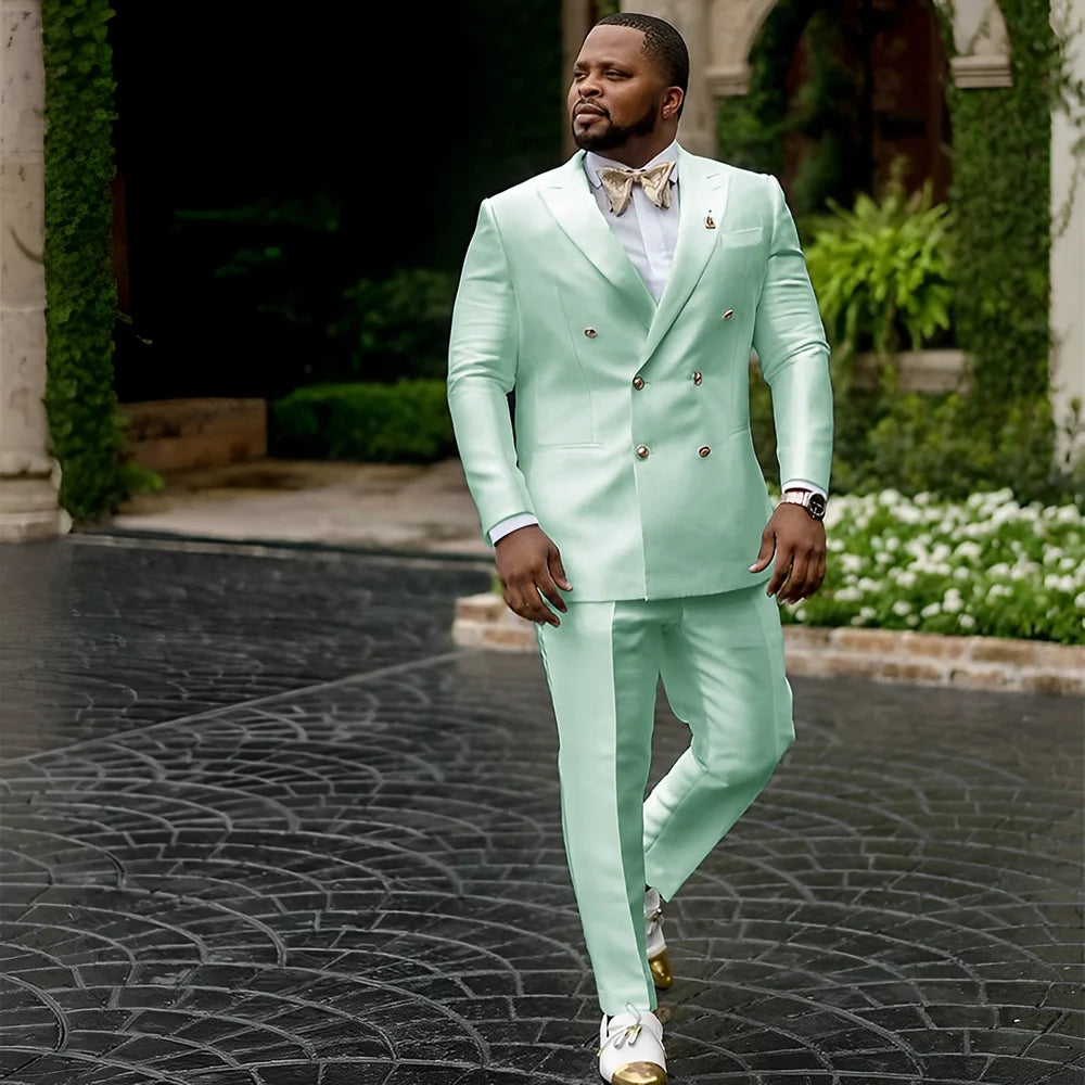 Showlu men's white satin tuxedo with double-breasted design, 2-piece wedding suit, tailored fit, elegant formal attire.