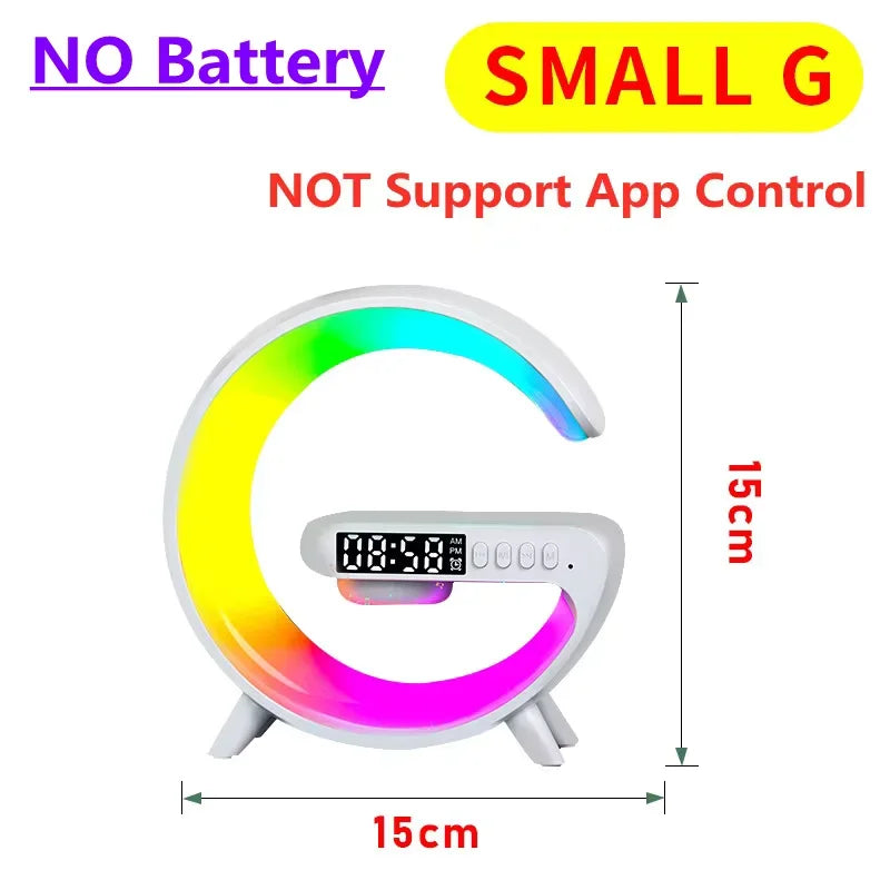 Opansten 15W wireless charging lamp with RGB Bluetooth speaker and alarm clock, showing a sleek modern design with colorful lighting.