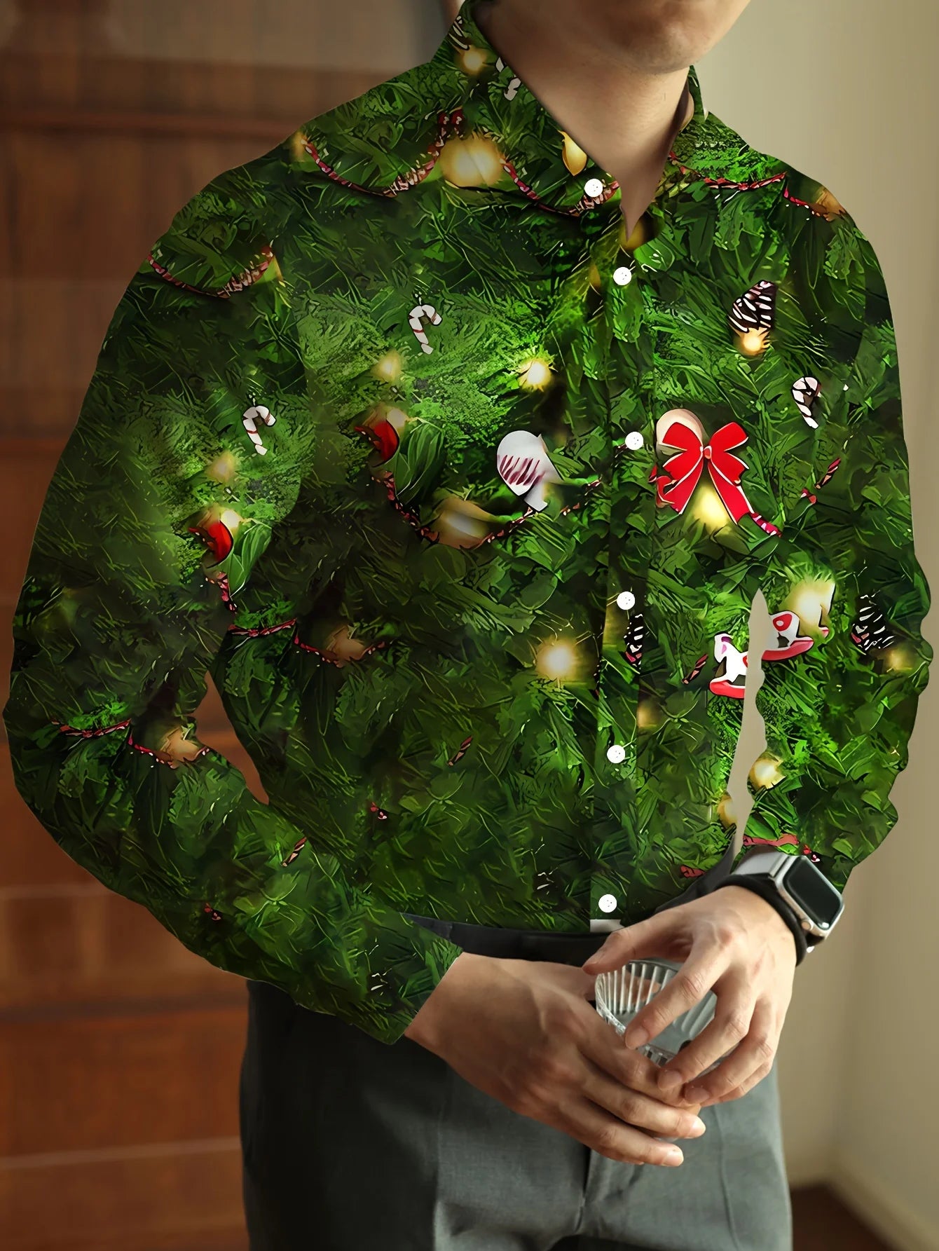 Men's Christmas festival themed long sleeve shirt with 3D printed Santa Claus and Christmas tree graphic, stylish festive formal shirt.