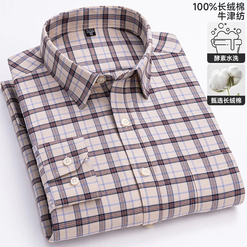 Men's long sleeve plaid Oxford dress shirt in 100% pure cotton, regular fit, available in 6XL and 7XL sizes, soft and formal.