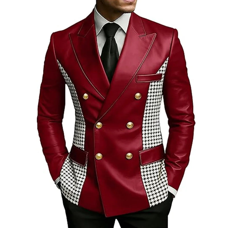 Men’s brown leather blazer with houndstooth side panels, double-breasted design, slim fit, gold buttons, vintage style, Showlu Fashion