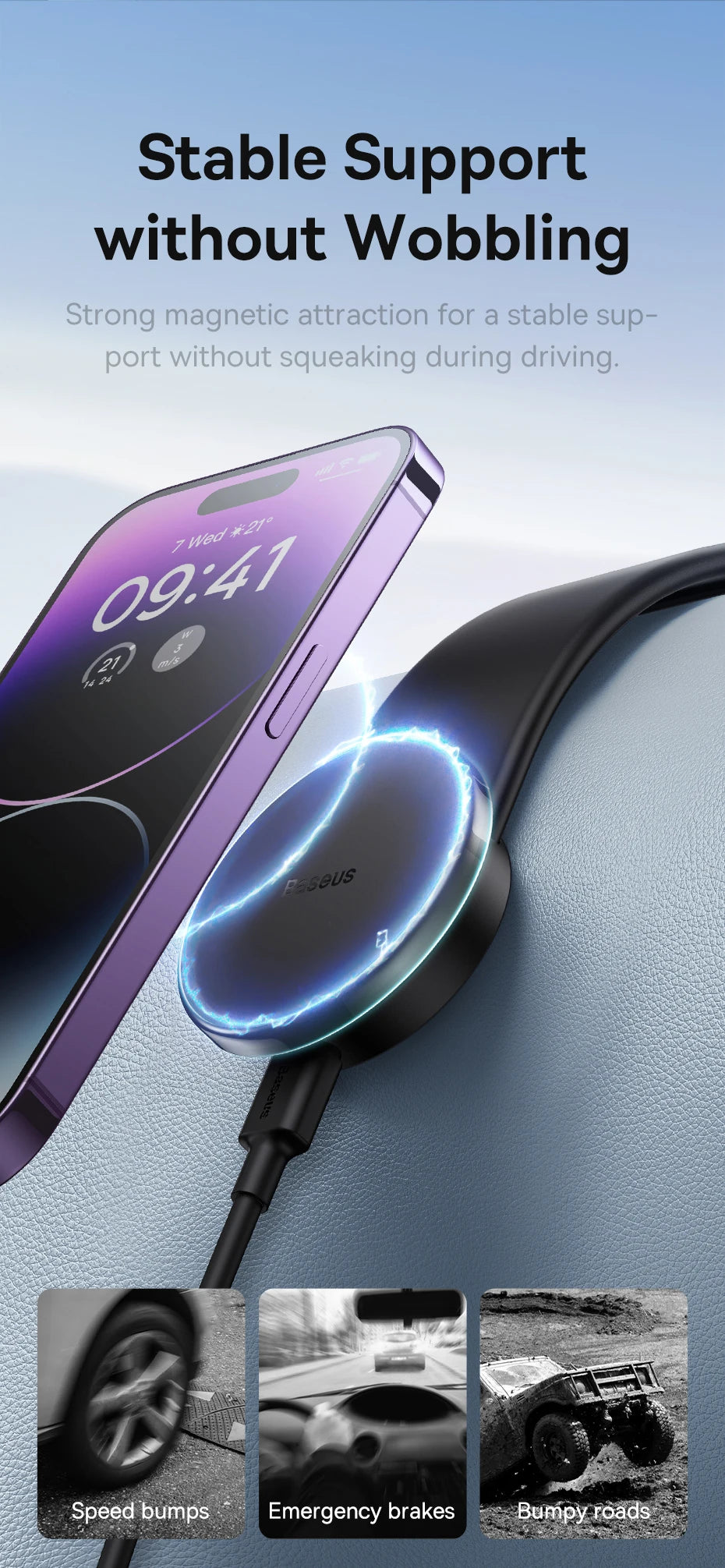 Magnetic foldable car phone holder for dashboard by Showlu Smart General, showing its adjustable design and secure phone grip