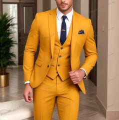 New Beige Business Suit Men Tuxedos Groom Groomsman Prom Wedding Party Formal 3 Piece Set Jacket Vest Pants