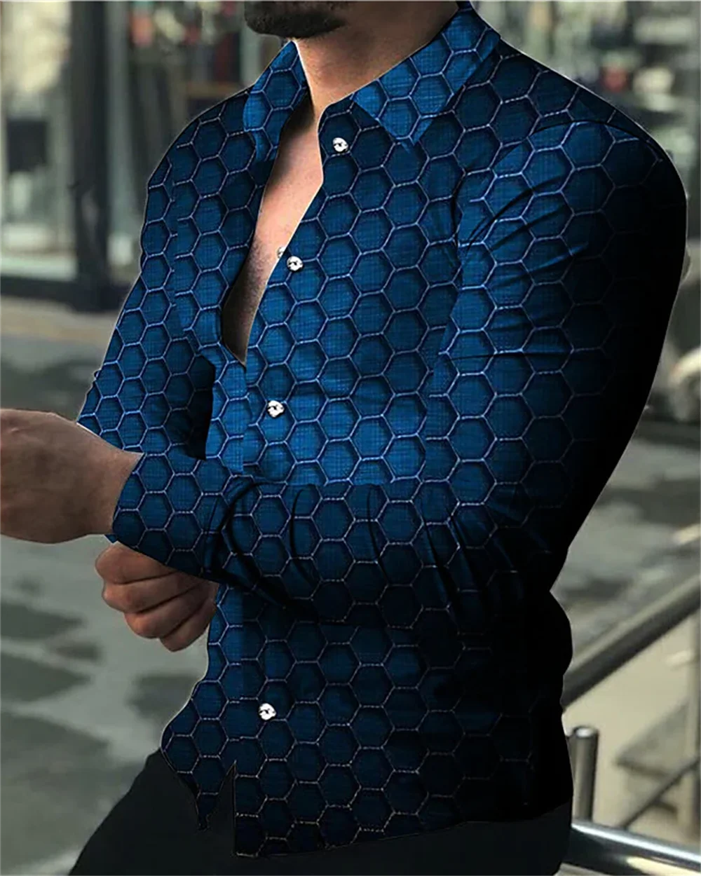 Men's casual long-sleeve button shirt with designer prints, spring 2023 fashion, featuring a lapel from Showlu Fashion Store.
