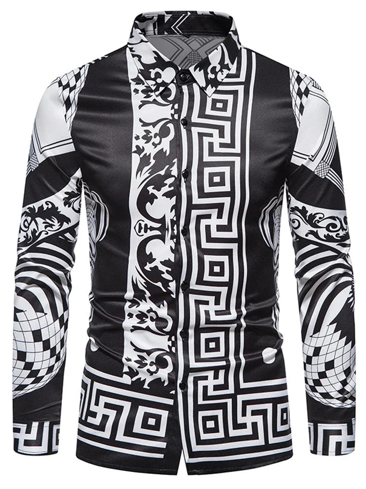 Showlu Men's retro plaid long sleeve shirt with casual floral design, featuring a classic button-up style and comfortable fit.