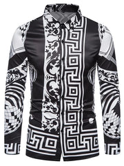 A long-sleeved men's button-down shirt featuring a black and white geometric and floral print.