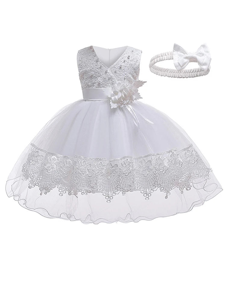Flower girl dress for first communion, princess style, made of tulle, suitable for baptism, wedding, or birthday celebrations.