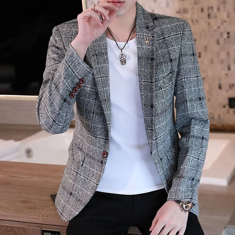 Men's slim fit plaid blazer by SHOWLU FASHION STORE, casual Korean style jacket with striped pattern and tailored fit.