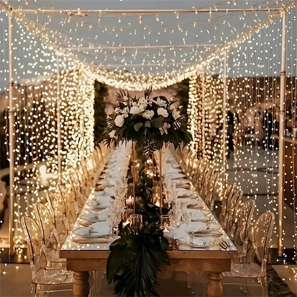 Showlu Smart General LED curtain fairy lights hanging with warm glow, perfect for decorative indoor or outdoor ambiance.