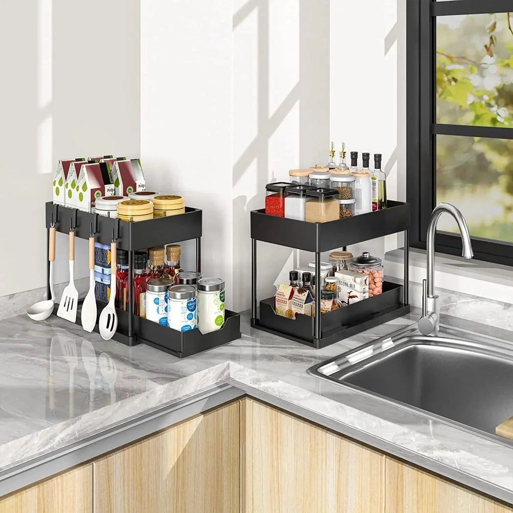 Showlu Smart General under sink organizer rack with multiple compartments for efficient bathroom or kitchen storage.