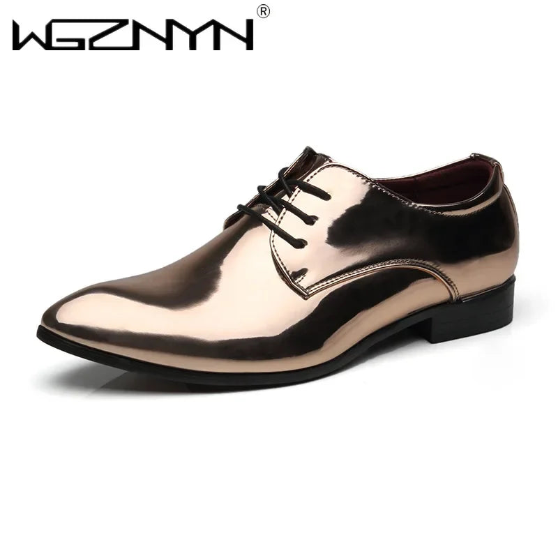 Men's black patent leather Oxford shoes with pointed toes, ideal for wedding dress attire, by Showlu Fashion Store.