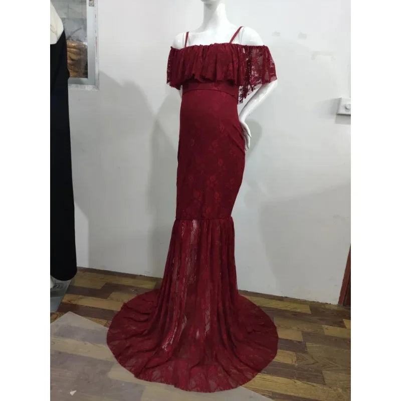 SHOWLU maternity lace flysleeve chiffon dress, perfect for photo shoots, featuring elegant lightweight fabric and delicate lace details.