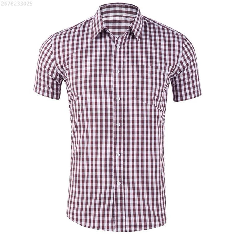 Men's short-sleeved Hawaiian plaid shirt in red and blue, Showlu Fashion, casual breathable streetwear, non-iron, available in XS-6XL