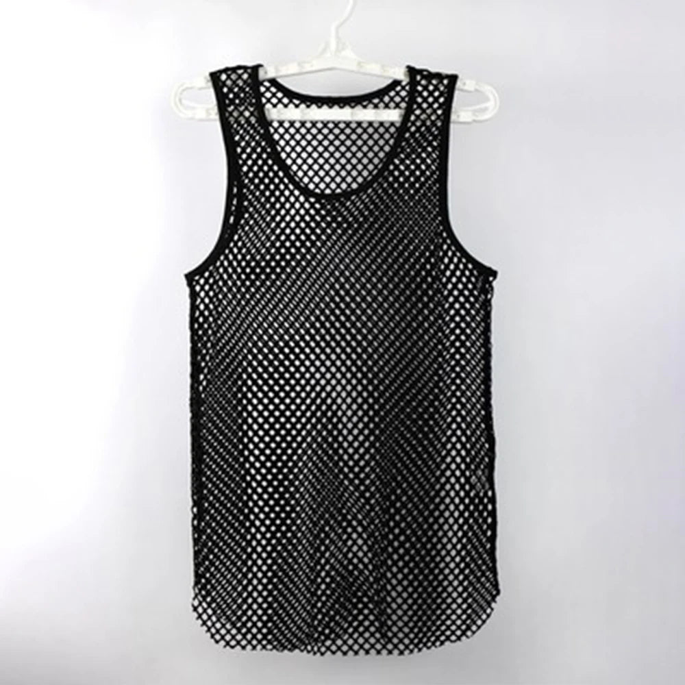 Men's transparent mesh tank top from Showlu Fashion, sleeveless fishnet vest with slim fit, ideal for night club or sporty wear.