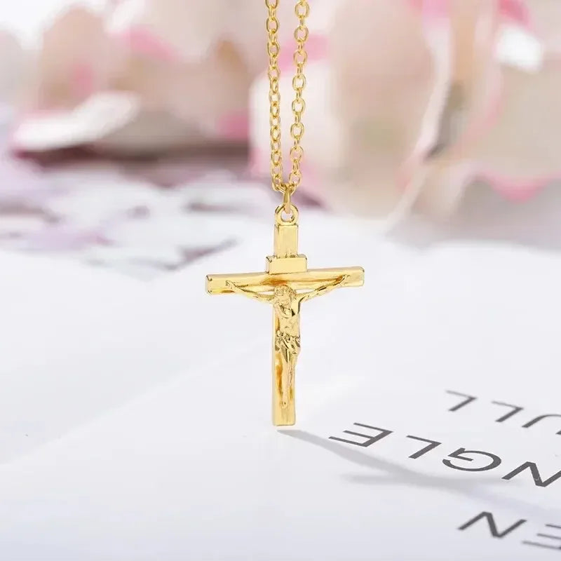 18K gold plated cross necklace with religious pendant, unisex church jewelry, hypoallergenic, non-fading chain, elegant accessory