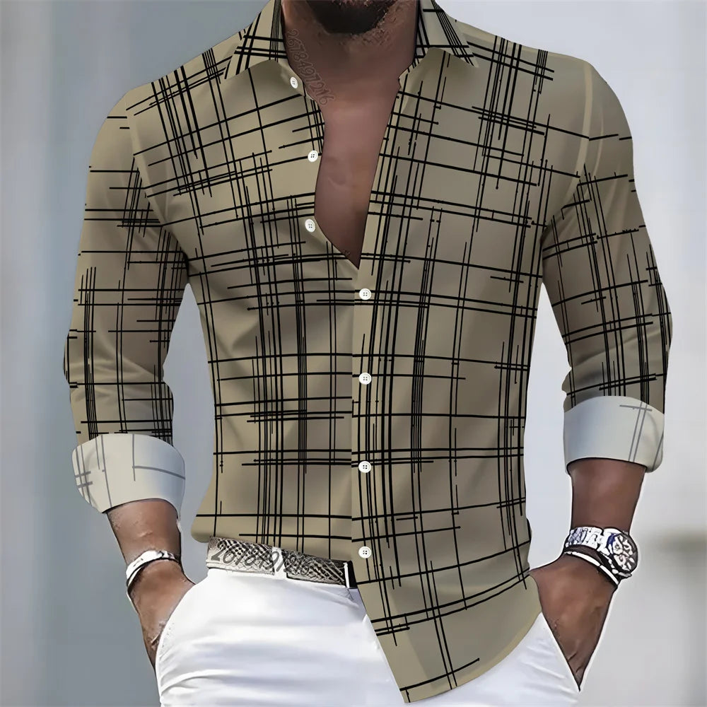 Men's long-sleeved striped shirt in spring/autumn colors, casual European and American style, comfortable and loose fit.