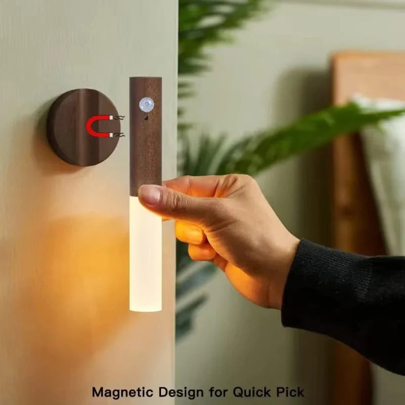 Showlu Smart Magnetic Motion Sensor LED Night Light with USB rechargeable design, mounted on a wall in a modern home setting.