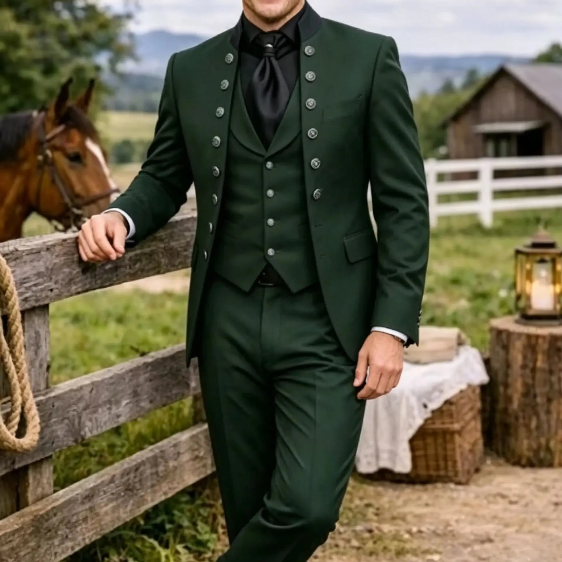 Dark green slim fit men's suit from Showlu Fashion Store, 3-piece tuxedo set, includes jacket, vest, and trousers, perfect for weddings
